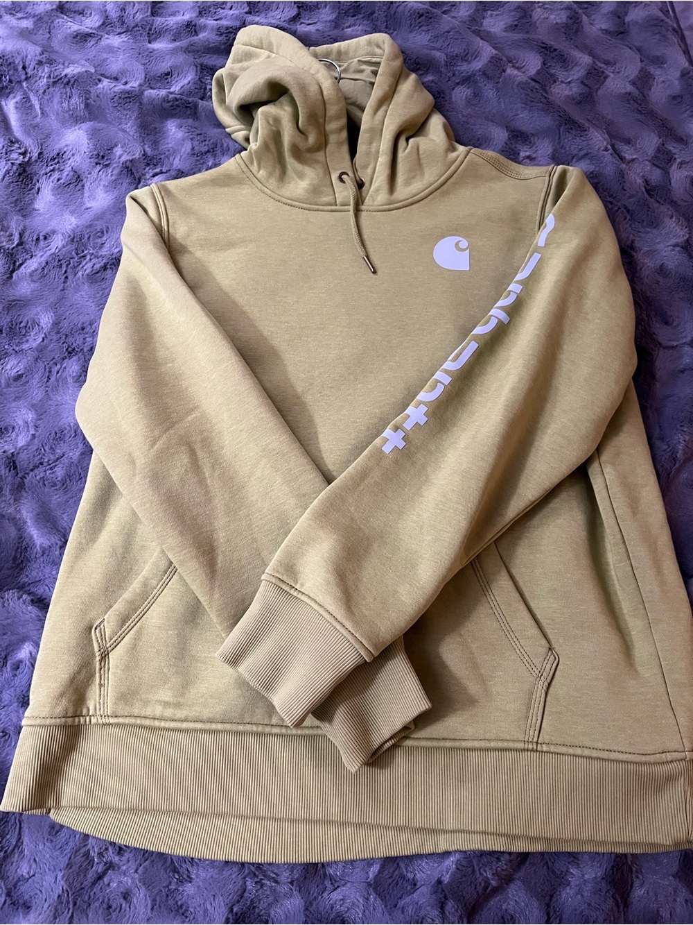 Carhartt Women’s Crewneck Hoodie in Lime Green with Logo - color is bright